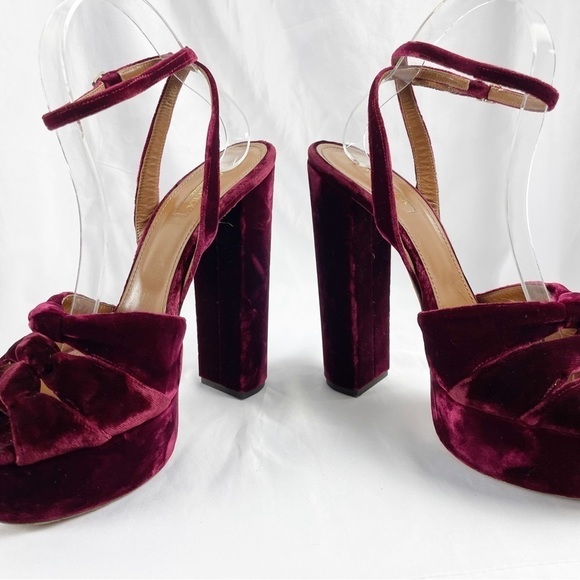 Aquazzura Mira Velvet Platform Open Toe Sandal Heels Burgundy Red EU 40 Cocktail - Picture 4 of 9